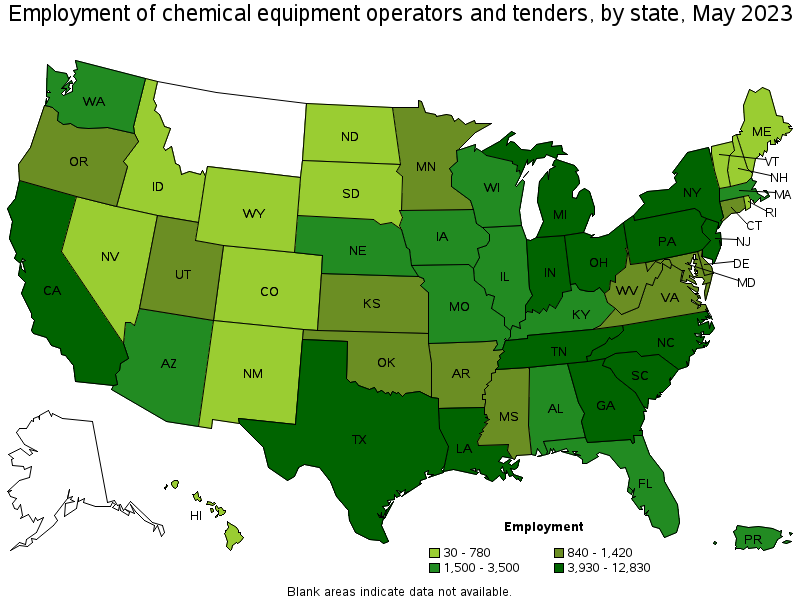 Map of employment of chemical equipment operators and tenders by state, May 2022