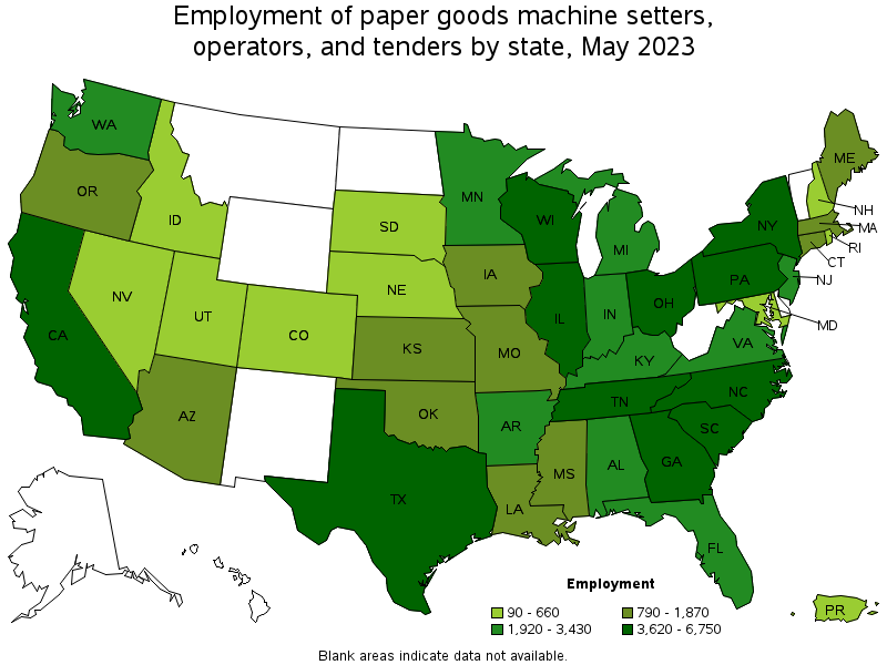 Map of employment of paper goods machine setters, operators, and tenders by state, May 2021