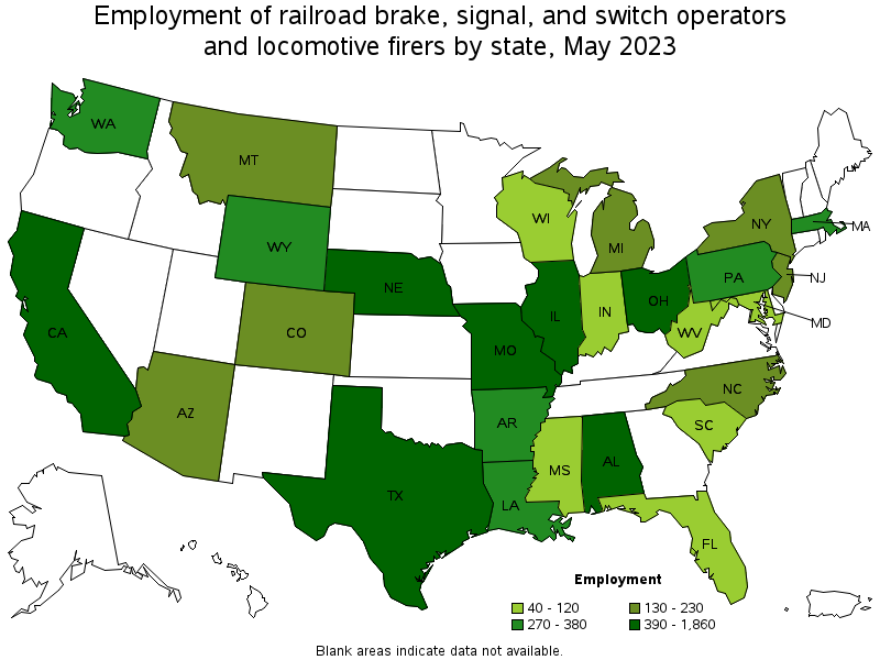 Map of employment of railroad brake, signal, and switch operators and locomotive firers by state, May 2023