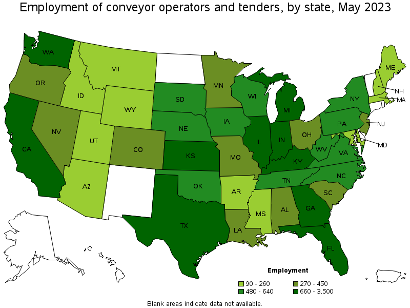 Map of employment of conveyor operators and tenders by state, May 2022