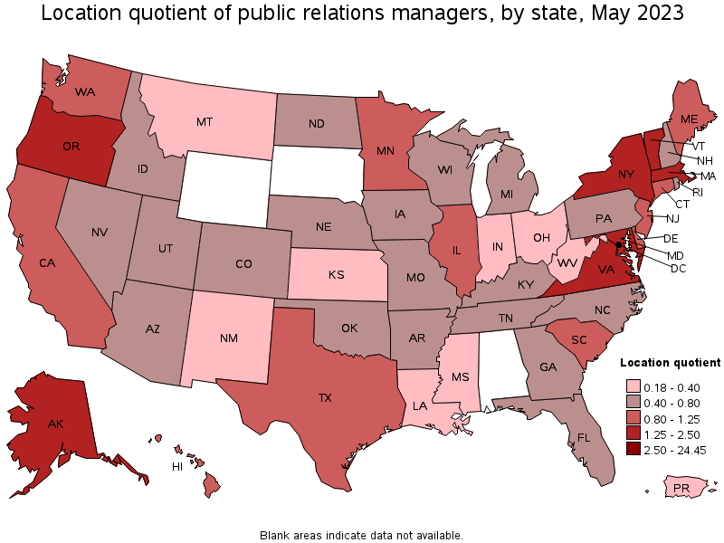 Map of location quotient of public relations managers by state, May 2022
