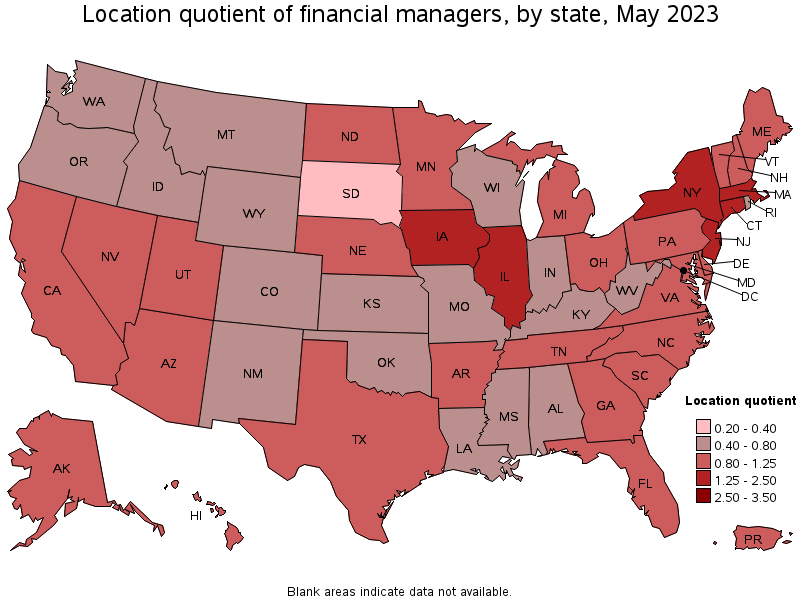 Map of location quotient of financial managers by state, May 2023