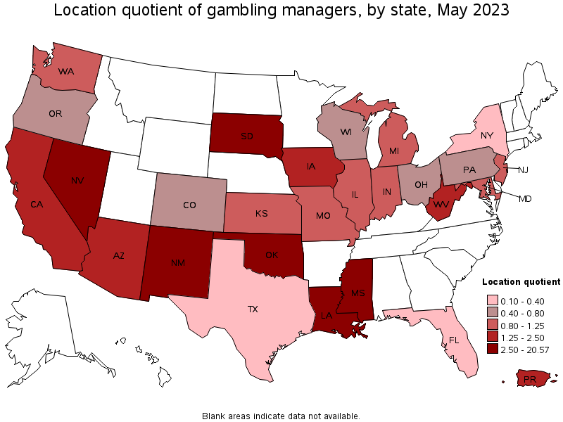 Map of location quotient of gambling managers by state, May 2023