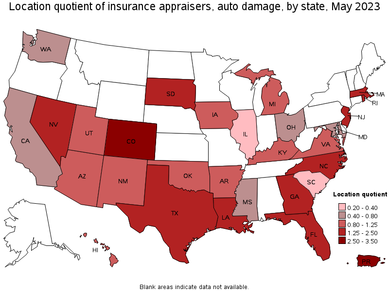 Map of location quotient of insurance appraisers, auto damage by state, May 2021