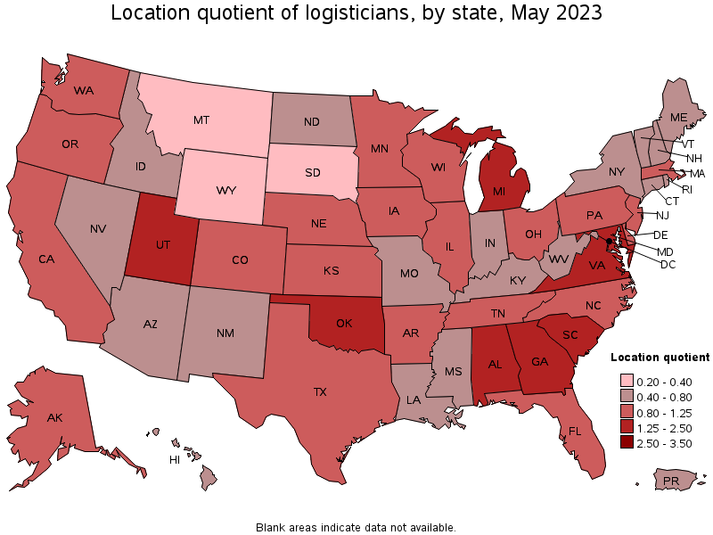 Map of location quotient of logisticians by state, May 2021