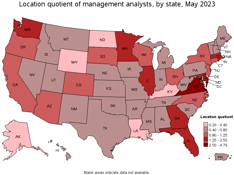 Map of location quotient of management analysts by state, May 2023