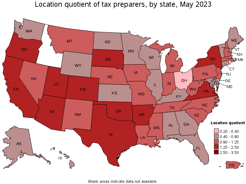 Map of location quotient of tax preparers by state, May 2022