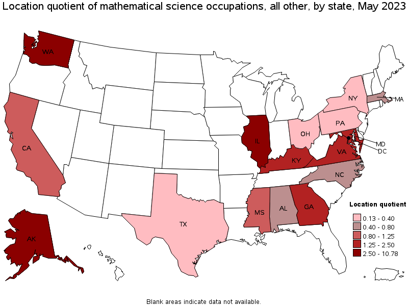 Map of location quotient of mathematical science occupations, all other by state, May 2023