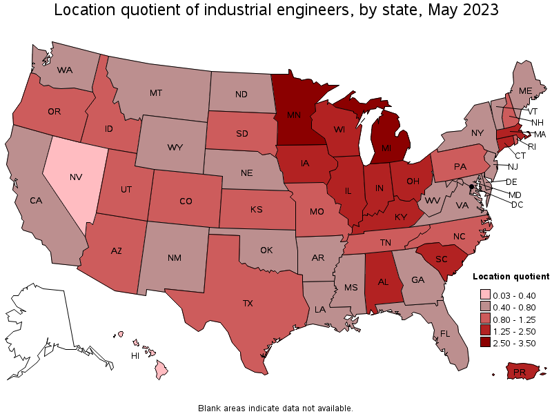 Map of location quotient of industrial engineers by state, May 2021