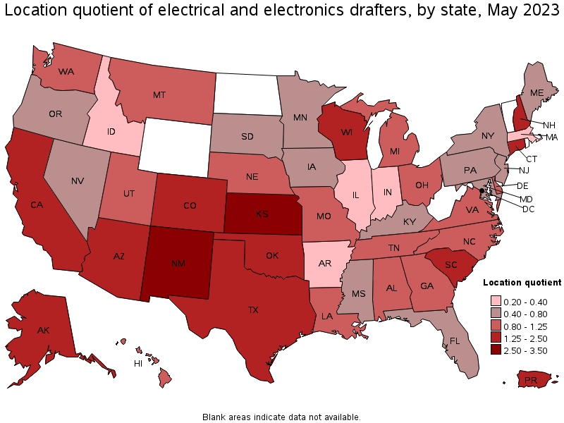 Map of location quotient of electrical and electronics drafters by state, May 2023