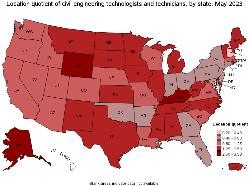 Map of location quotient of civil engineering technologists and technicians by state, May 2023