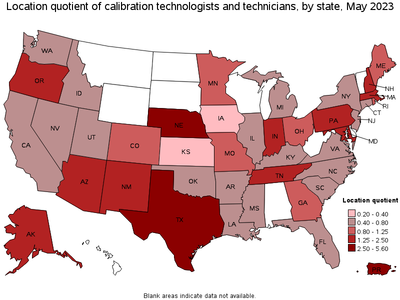 Map of location quotient of calibration technologists and technicians by state, May 2021