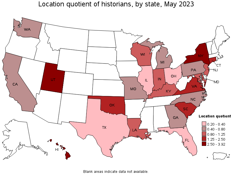 Map of location quotient of historians by state, May 2023
