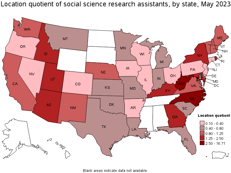 Map of location quotient of social science research assistants by state, May 2023