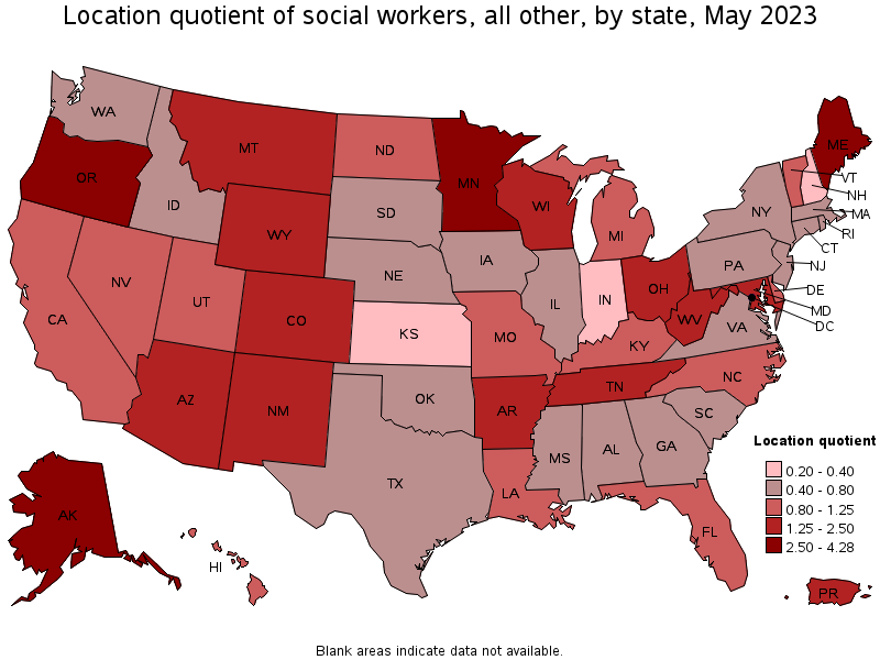 Map of location quotient of social workers, all other by state, May 2021