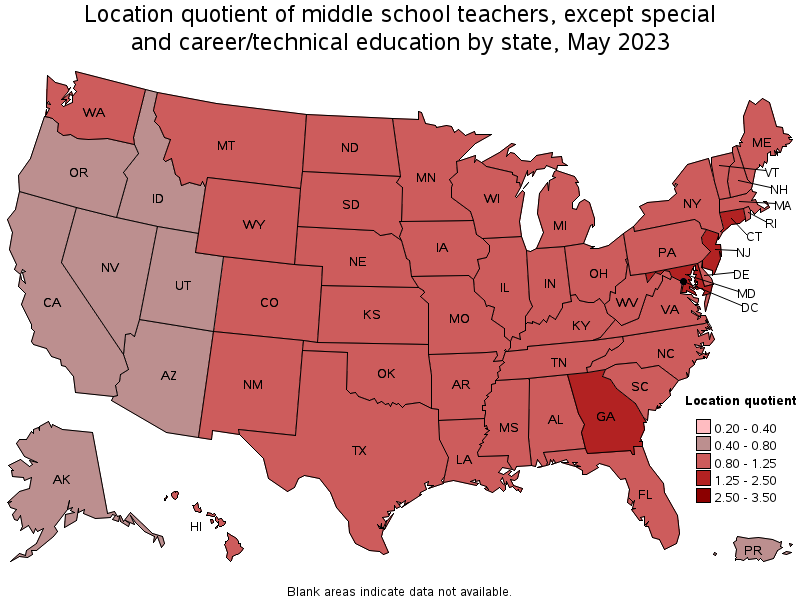 Map of location quotient of middle school teachers, except special and career/technical education by state, May 2023