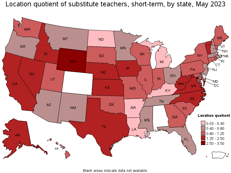 Map of location quotient of substitute teachers, short-term by state, May 2023