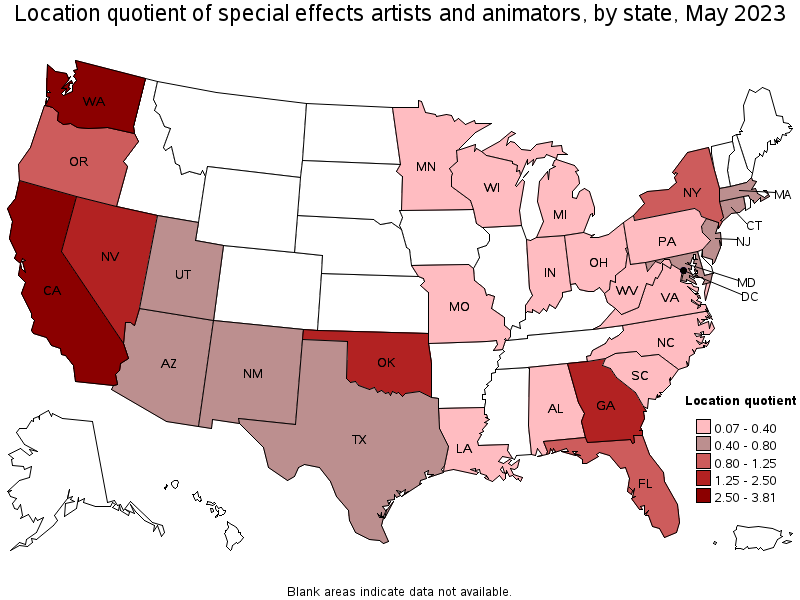 Map of location quotient of special effects artists and animators by state, May 2021