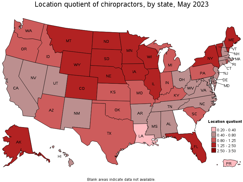 Map of location quotient of chiropractors by state, May 2021