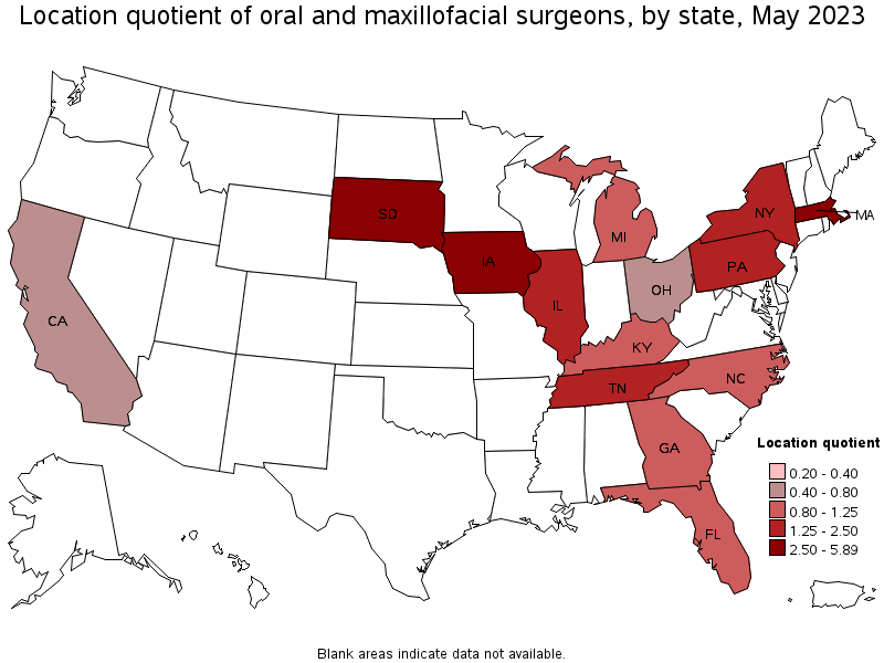 Map of location quotient of oral and maxillofacial surgeons by state, May 2023