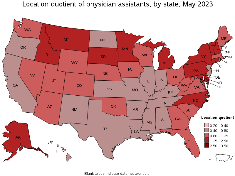 Map of location quotient of physician assistants by state, May 2021
