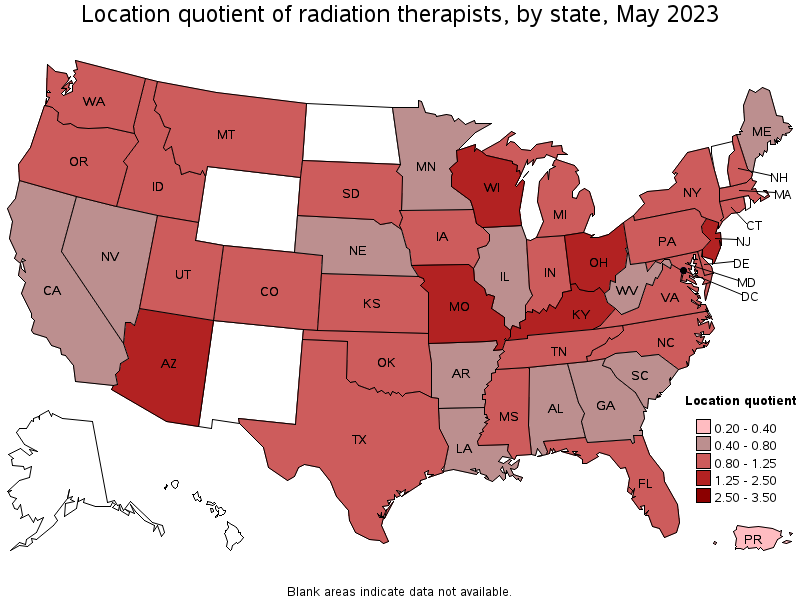 Map of location quotient of radiation therapists by state, May 2023