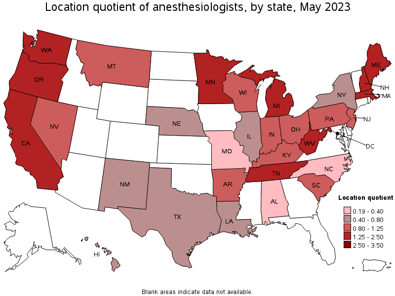 Map of location quotient of anesthesiologists by state, May 2023