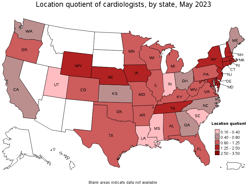 Map of location quotient of cardiologists by state, May 2021