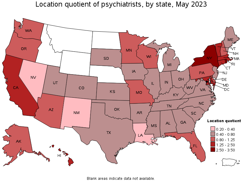 Map of location quotient of psychiatrists by state, May 2023