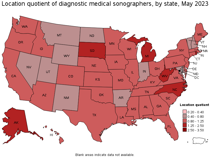 Map of location quotient of diagnostic medical sonographers by state, May 2023