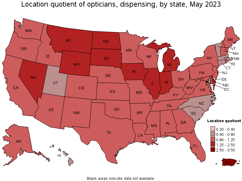 Map of location quotient of opticians, dispensing by state, May 2023