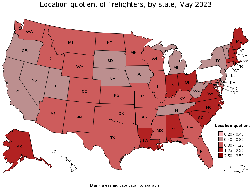 Map of location quotient of firefighters by state, May 2023