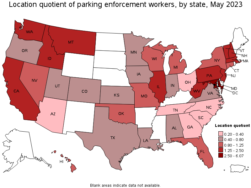 Map of location quotient of parking enforcement workers by state, May 2023