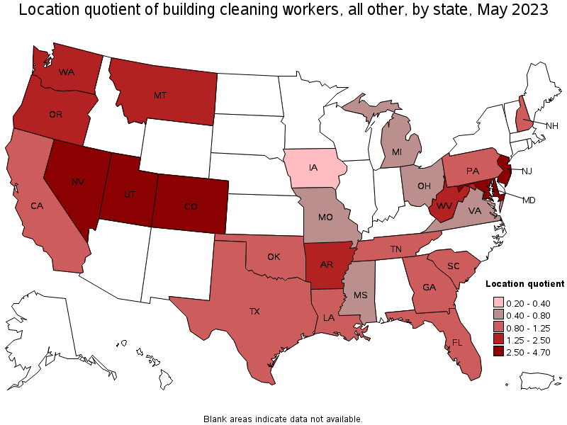 Map of location quotient of building cleaning workers, all other by state, May 2023