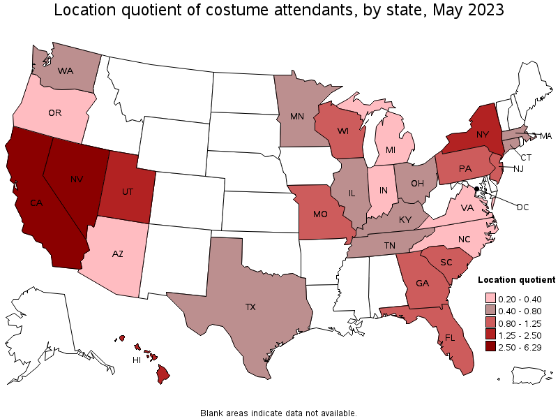 Map of location quotient of costume attendants by state, May 2023