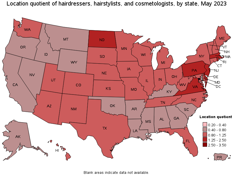 Map of location quotient of hairdressers, hairstylists, and cosmetologists by state, May 2021