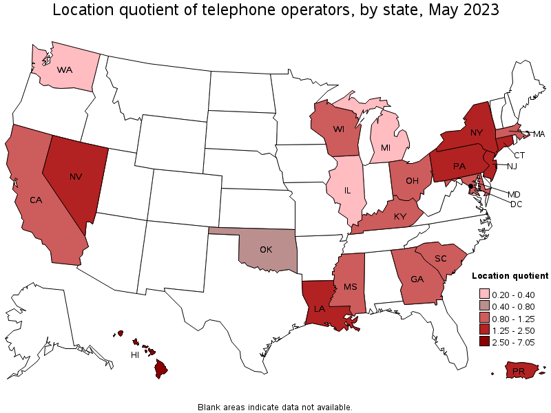 Map of location quotient of telephone operators by state, May 2021