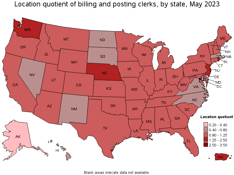 Map of location quotient of billing and posting clerks by state, May 2022