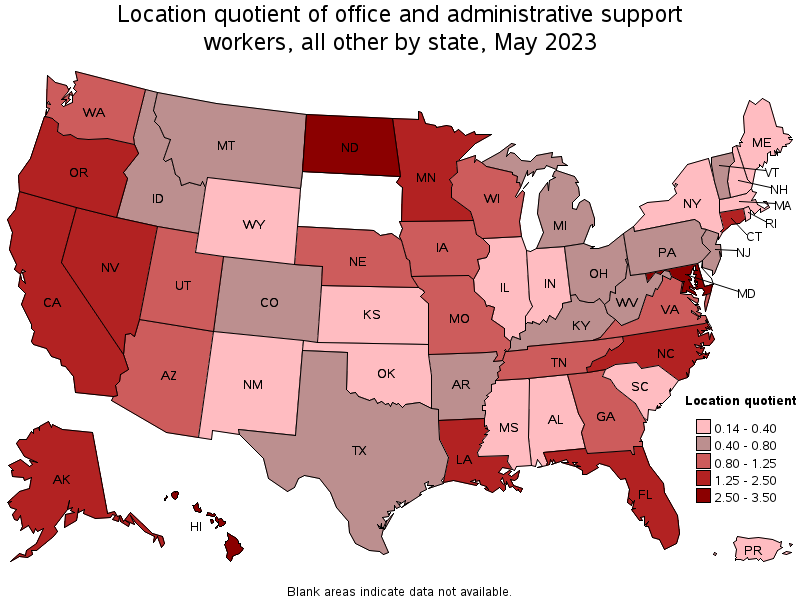 Map of location quotient of office and administrative support workers, all other by state, May 2023