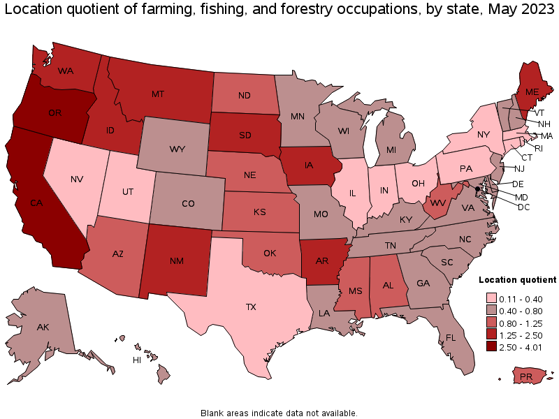 Map of location quotient of farming, fishing, and forestry occupations by state, May 2021