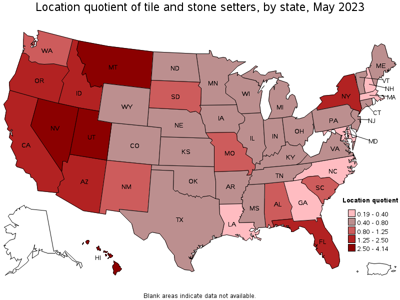 Map of location quotient of tile and stone setters by state, May 2022