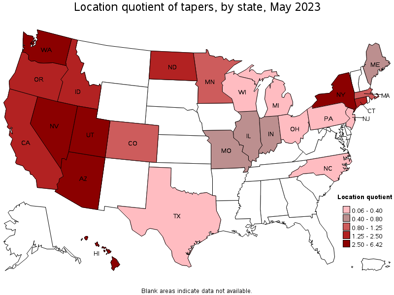 Map of location quotient of tapers by state, May 2023