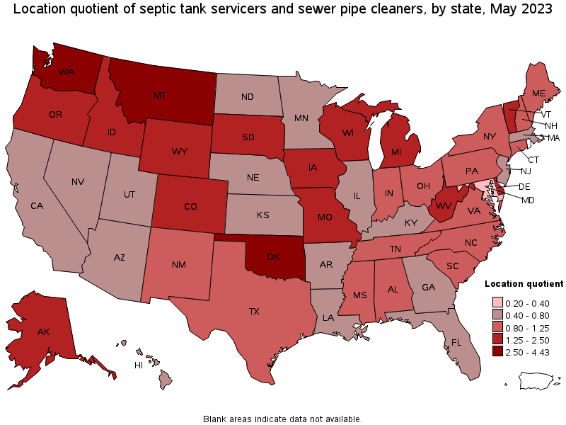 Map of location quotient of septic tank servicers and sewer pipe cleaners by state, May 2023
