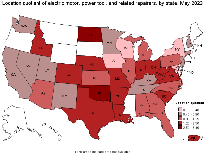 Map of location quotient of electric motor, power tool, and related repairers by state, May 2023