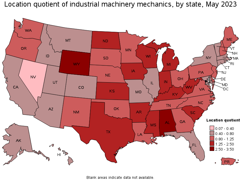 Map of location quotient of industrial machinery mechanics by state, May 2021