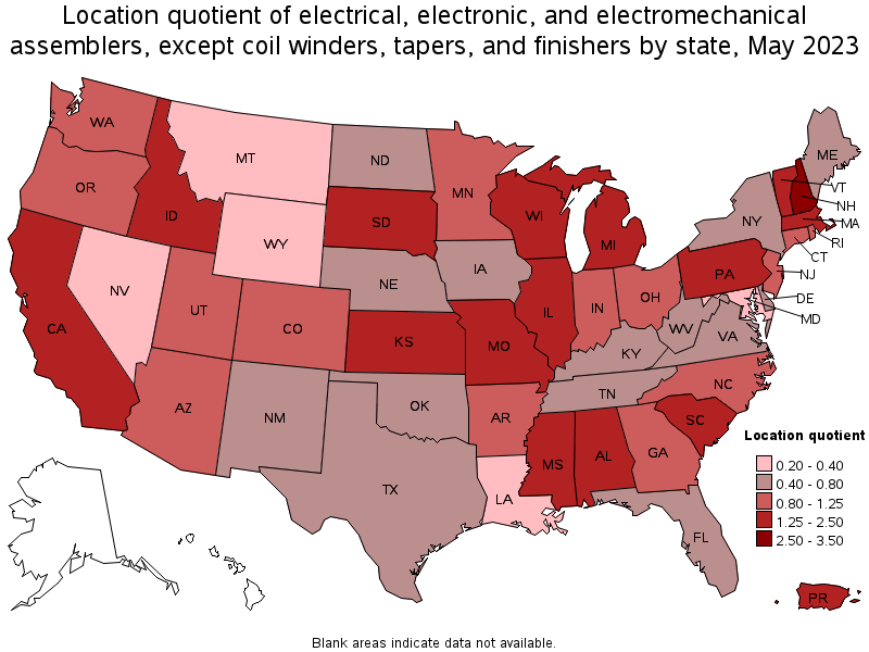 Map of location quotient of electrical, electronic, and electromechanical assemblers, except coil winders, tapers, and finishers by state, May 2022