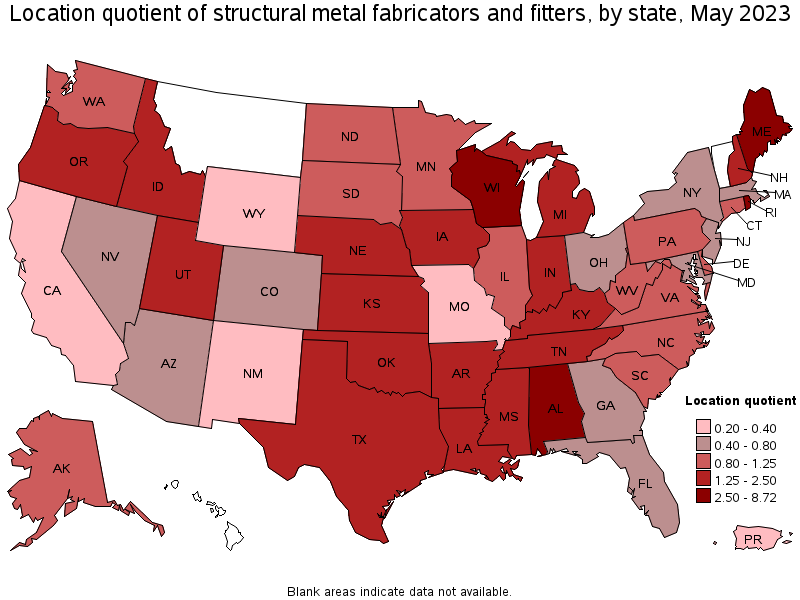 Map of location quotient of structural metal fabricators and fitters by state, May 2021
