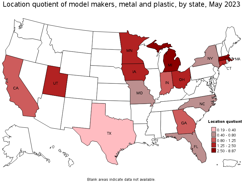 Map of location quotient of model makers, metal and plastic by state, May 2023