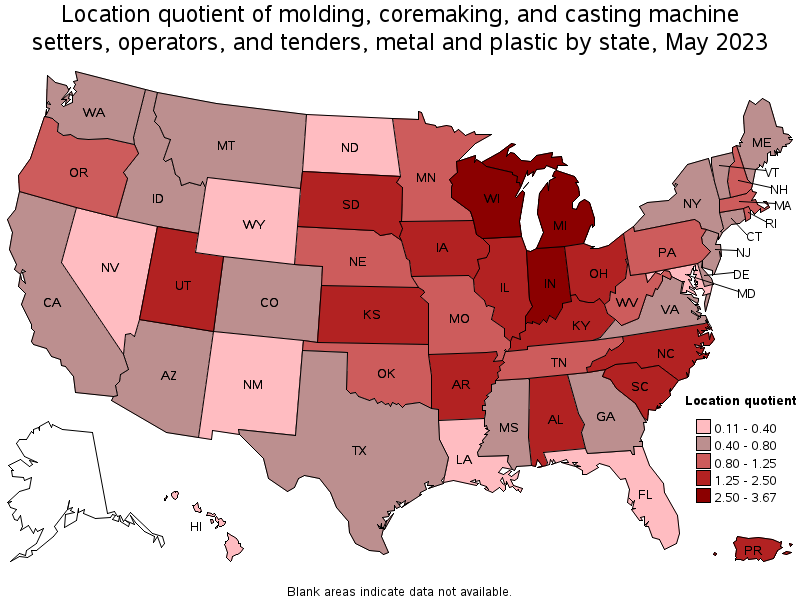Map of location quotient of molding, coremaking, and casting machine setters, operators, and tenders, metal and plastic by state, May 2021