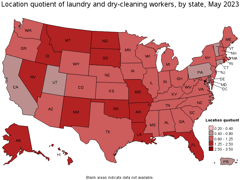 Map of location quotient of laundry and dry-cleaning workers by state, May 2021